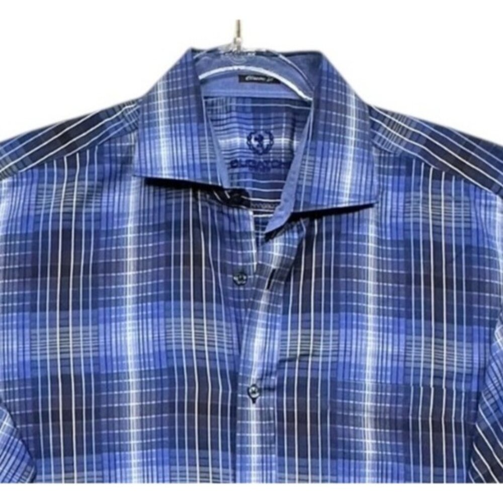 Bugatchi Uomo Mens Classic Fit Long Sleeve Button-Up Shirt Blue Plaid Collar